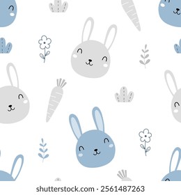 Seamless pattern with cute rabbit , carrot and flower on white background for your fabric, children textile, nursery decoration, gift wrap paper, kids bedding.