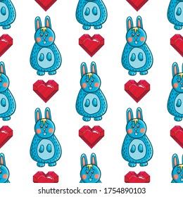 Seamless pattern with cute rabbit and cartoon heart. Cute vector animal illustration. It can be used in the textile industry