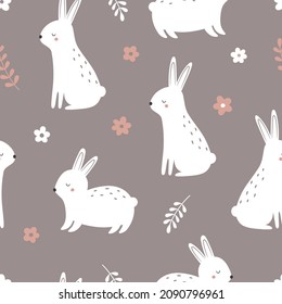 Seamless pattern with a cute rabbit. Cartoon hare on a background of flowers. Vector illustration