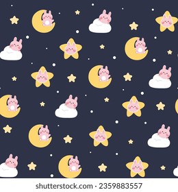 Seamless pattern of cute rabbit cartoon on night sky background.Moon,cloud,star hand drawn.Baby clothing.Bunny.Kawaii.Vector.Illustration.