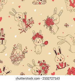 Seamless pattern with cute rabbit character. Cute bunnies with gifts and carrots, with bouquet and floral wreath, ballerina hare on light pink background with hearts. Vector illustration.Outline