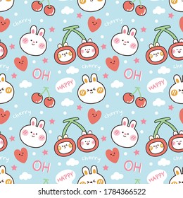 Seamless pattern of cute rabbit with cherry on blue background.Animal cartoon.Image for wallpaper,paper,card,baby cloth.Kawaii.Vector.Illustration.