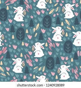 Seamless Pattern With Cute Rabbit. Childish Print. Vector Illustrations