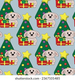 Seamless pattern with cute Rabbit and Christmas tree