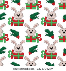 Seamless pattern with cute Rabbit and Christmas gift box