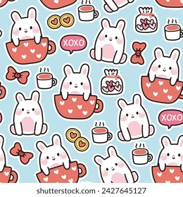 Seamless pattern of cute rabbit in coffee cup with various tiny food icon background.Bunny.Rodent animal character cartoon design.Cookies,bow,tea,coffee.Valentines.Kawaii.Vector.Illustration.