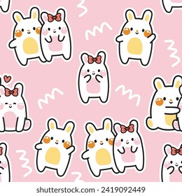 Seamless pattern of cute rabbit couple in various poses on pink background.Rodent animal character cartoon design.Bunny.Love.Valentines day.Kawaii.Vector.Illustration.