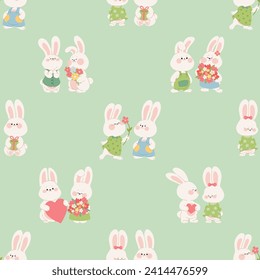 Seamless pattern with cute rabbit couples. Green background with cute characters, bunny girls and bunny boys for wrapping paper, package, fabric, valentines day decor, easter, wedding invitation cards