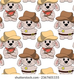 Seamless pattern with cute Rabbit Cowboy Sheriff