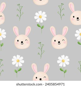 Seamless pattern with cute rabbit, daisy flower for your fabric, children textile, nursery decoration, gift wrap paper, kids bedding.