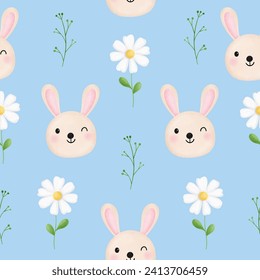 Seamless pattern with cute rabbit, daisy flower for your fabric, children textile, nursery decoration, gift wrap paper, kids bedding.	
