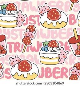 Seamless pattern of cute rabbit with dessert strawberry flavor on pastel text background.Bunny hand drawn.Pet animal character design.Kawaii.Vector.Illustration.