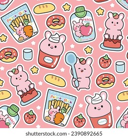 Seamless pattern of cute rabbit in dessert and sweet concept background.Rodent animal character cartoon design.Donut,peach juice,pudding,strawberry,cake,bread,star hand drawn.Bunny.Kawaii.Vector.