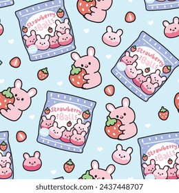 Seamless pattern of cute rabbit with dessert background.Strawberry flavor ball bunny face shape.Rodent animal cartoon.Fruit.Snack.Sweet.Kawaii.Vector.Illustration.