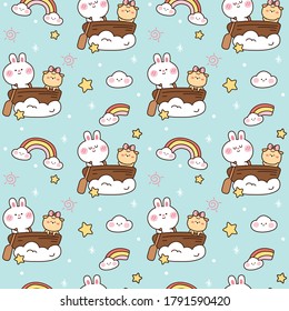 Seamless pattern of cute rabbit with dog on boat with sky background.Animals character design.Cartoon wallpaper.Image for card,poster,baby product,sticker.Kawaii.Vector.Illustration.