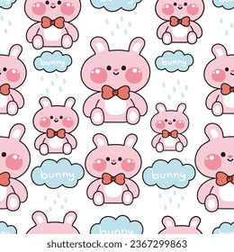 Seamless pattern of cute rabbit doll in the rainy cloud on white background.Rodent animal character cartoon design.Rainny season.Girl baby clothing print design.Bunny.Kawaii.Vector.Illustration.