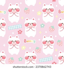 Seamless pattern of cute rabbit doll hold strawberry with flower on pastel background.Rodent animal chacrter cartoon design.Baby clothing.Kawaii.Vector.Illustration.