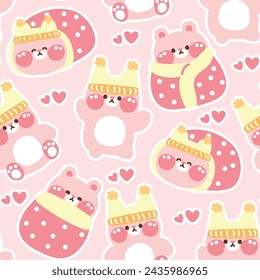 Seamless pattern of cute rabbit doll sleep poses with heart on pink pastel background.Rodent animal character cartoon design.Clothing print scareen.Kawaii.Vector.Illustration.