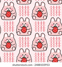 Seamless pattern of cute rabbit doll hold strawberry fruit background.Rodent animal character cartoon design.Image for card,sticker,baby clothing.Kawaii.Vector.Illustration.