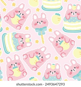 Seamless pattern of cute rabbit doll pastel in various poses with star background.Carrot.Rabbit head candy.Rabbit on cake.Animal character cartoon design.Kawaii.Vector.Illustration.