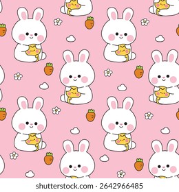 Seamless pattern of cute rabbit doll hug tiny chicken with flower cloud and carrot background.Friend.Love.Farm bird and rodent animal character cartoon.Kawaii.Vector.Illustration.