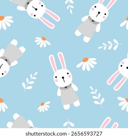 Patrón sin fisuras con conejo lindo en un vestido y margarita sobre fondo azul para su tela, textiles para niños, decoración de vivero, papel de regalo, ropa de cama para niños.