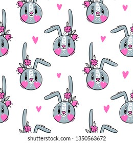 Seamless pattern with cute rabbit face with a barrettes flowers. Fashion kawaii bunny. Vector illustration.
