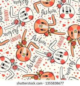 Seamless pattern with cute rabbit face with a barrettes flowers. Fashion kawaii bunny. Vector illustration.