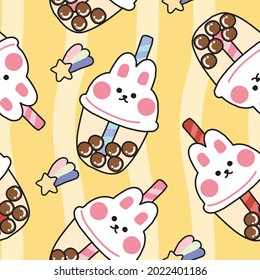 Seamless pattern of cute rabbit face cup bubble milke tea on yellow background.Animal character design.Image for wallpaper,banner,card,screen.Art.Graphic design.Kawaii.Vector.Illustration.Illustrator.