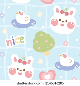 Seamless pattern of cute rabbit face and duck cartoon on blue background.Nice text.Pastel.Kawaii.Vector.Iiilustration.