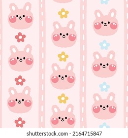 Seamless pattern of cute rabbit face with flower cartoon on pink background.Animal character design.Kawaii.Vector.Illustration.