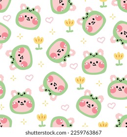 Seamless pattern of cute rabbit face wear frog head hat with flower on white background.Pet funny animal character cartoon.Pastel color.Kawaii.Vector.Illustration.