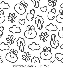 Seamless pattern of cute rabbit face on white background.Easter.White black color.Carrot,flower,cloud hand drawn.Kawaii.Vector.Illustration.