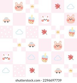 Seamless pattern of cute rabbit face and various tiny icon on pastel pink color square shape.Girl baby clothing.Car,leaf,cloud,star,bubble milk tea hand drawn.Kawaii.Vector.Illustration.