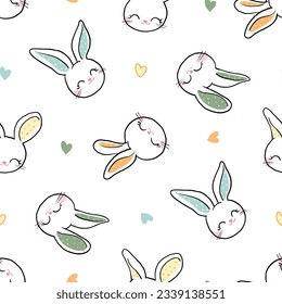 Seamless Pattern with Cute Rabbit Face and Heart Design on White Background