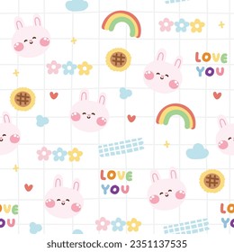 Seamless pattern of cute rabbit face with tiny icon on white background.Bunny.Animal character cartoon design.Sunflower,rainbow,cloud,floral,heart hand drawn.Pastel.Kawaii.Vector.Illustration.