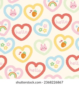 Seamless pattern of cute rabbit face and tiny icon in heart shape frame on pastel background.Rodent animal hand drawn.Image for card,poster,baby clothing.Kawaii.Vector.Illustration.