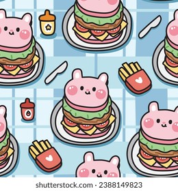 Seamless pattern of cute rabbit face hamburger with sauce and french frieds on tablecloth background.Fast food.Rodent bunny animal cartoon.Kawaii.Vetor.Illustration.