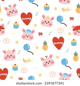 Seamless pattern of cute rabbit face with tiny icon on white background.Colorful.Rodent animal cartoon design.Heart,cupcake,star,flower,bow,balloon,carrot.Baby clothing.Kawaii.Vector.Illustration.