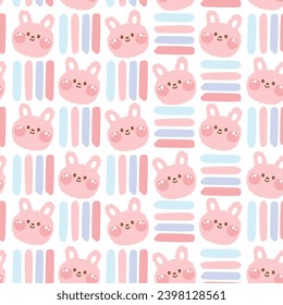 Seamless pattern of cute rabbit face with pastel line on white background.Bunny head hand drawn.Rodent animal character cartoon design.Baby clothing.Kawaii.Vector.Illustration.