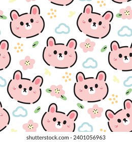 Seamless pattern of cute rabbit face pastel with cloud and flower on white background.Rodent animal character cartoon design.Image for card,baby clothing,print screen.Kawaii.Vector.Illustration.