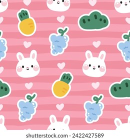 Seamless pattern of cute rabbit face on pink backround.Bunny.Rodent animal cartoon.Carrot,grape,grass,heart hand drawn.Kawaii.Vector.Illustration.