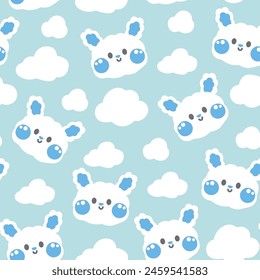 Seamless pattern of cute rabbit face cloud on sky background.Rodent animal charater cartoon design.Weather.Image for card,poster,baby clothing,print screen.Kawaii.Vector.Illustration.