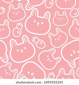 Seamless pattern of cute rabbit face with carrot on pink background.White line hand drawn.Rodent animal character cartoon design.Kawaii.Vector.Illustration.