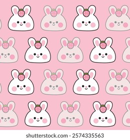 Seamless pattern of cute rabbit face with strawberry pink background.Shadow.Rodent animal character cartoon design.Kawaii.Vector.Illustration.