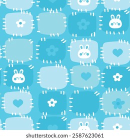 Seamless pattern of cute rabbit face with heart and flower on patchwork blanket background.Bunny.Rodent animal cartoon.Kawaii.Vector.Illustration.