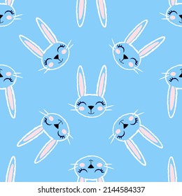 Seamless pattern with cute rabbit faces. Rabbit ears. Easter. Hand-drawn design for fabric, backgrounds, wrapping paper