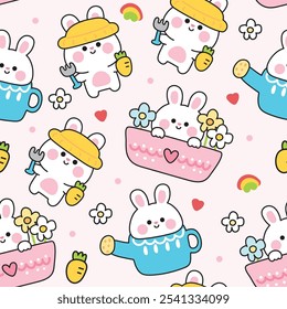 Seamless pattern of cute rabbit in farm concept background.Rabbit stay in flower plant pots and watering can.Carrot and hoe.Rodent animal character cartoon design.Kawaii.Vector.Illustration.