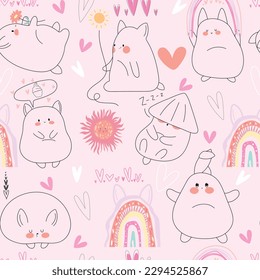 Seamless pattern of cute rabbit with flower, rainbows, hearts cartoon on pink background.Art.Kid graphic.Paper.Wallpaper.Kawaii.Vector.Illustration.