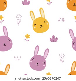 Seamless pattern with cute rabbit and flower for your fabric, children textile, nursery decoration, gift wrap paper, kids bedding.	